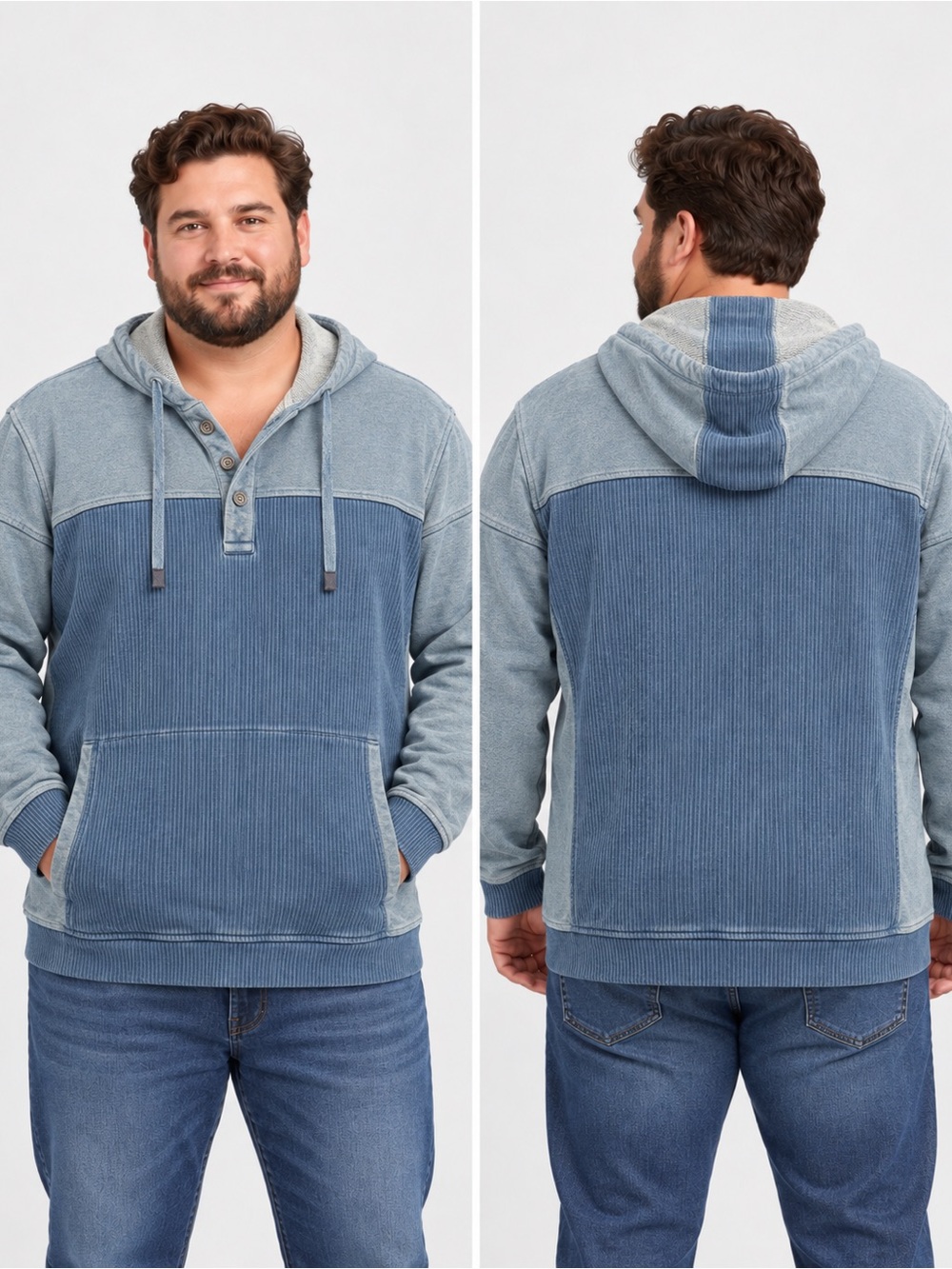 Carbon 2 Conalt men’s Light Blue Two-Tone Hooded Henley Pullover Shirt size xl